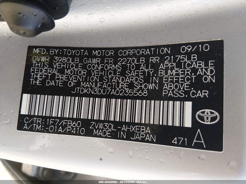 2010 Toyota Prius VIN JTDKN3DU7A0235568 IAAI salvage auction — FRONT END, Salvage (Georgia), sold $625 on 2026-07-23 (photo 9)