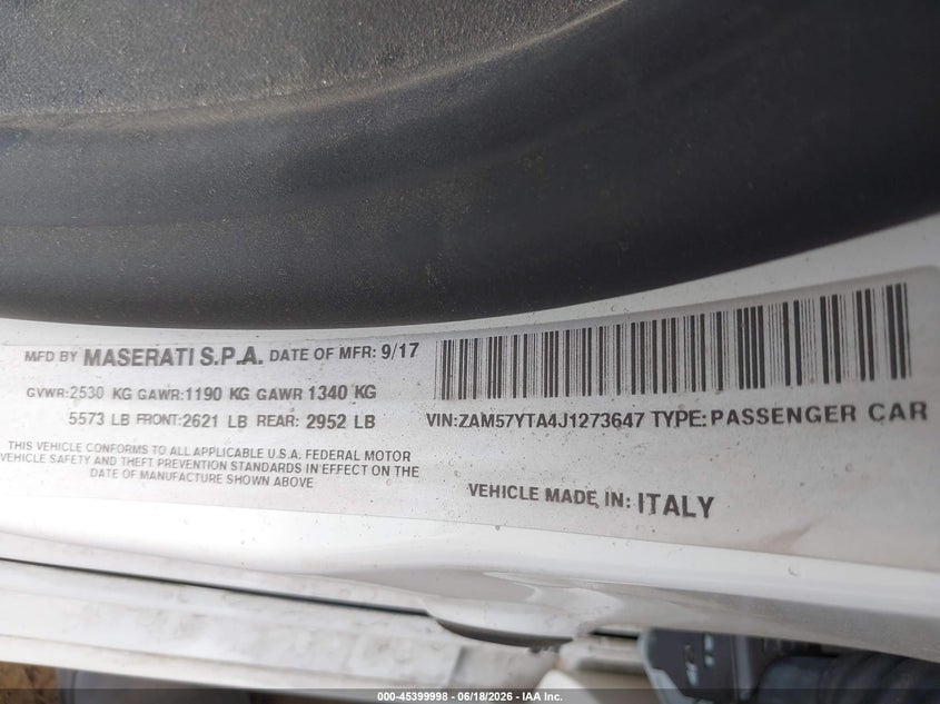 2018 Maserati Ghibli VIN ZAM57YTA4J1273647 IAAI salvage auction — ALL OVER, Salvage - Greater Than 75% (Maryland), sold $1,950 on 2026-07-12 (photo 9)