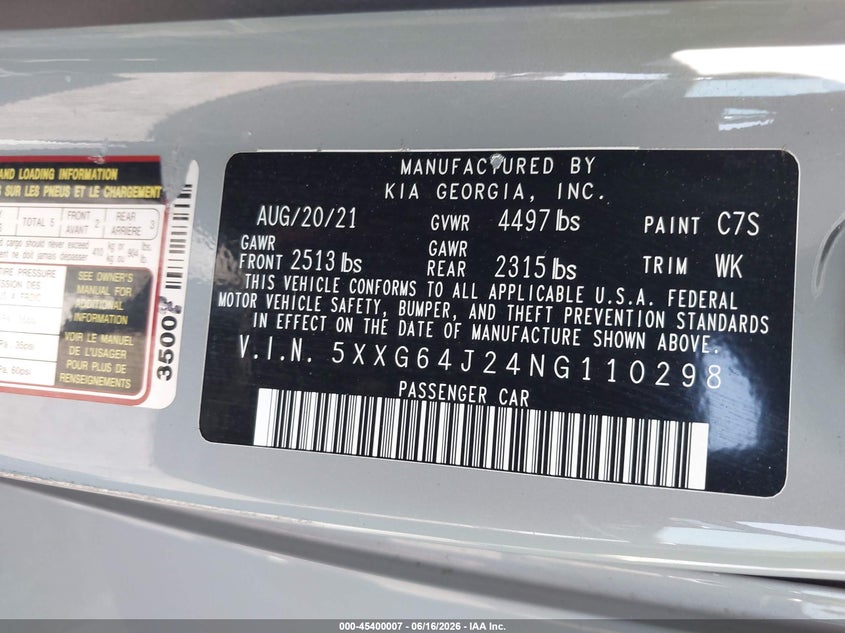 2022 Kia K5 VIN 5XXG64J24NG110298 IAAI salvage auction — REAR END, Salvage Certificate (California), sold $3,350 on 2026-07-24 (photo 9)