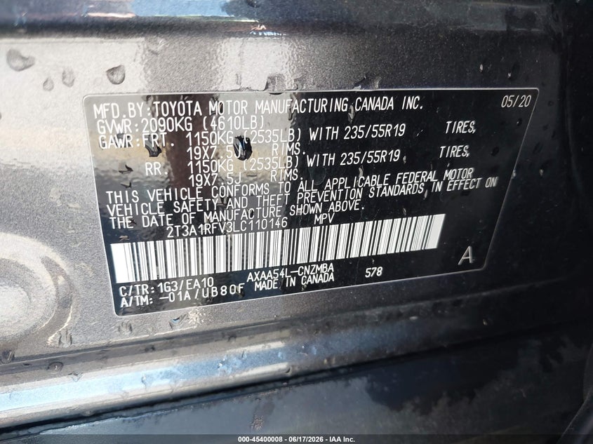 2020 Toyota Rav 4 VIN 2T3A1RFV3LC110146 IAAI salvage auction — FRONT END, Salvage (Idaho), sold $10,150 on 2026-07-30 (photo 9)