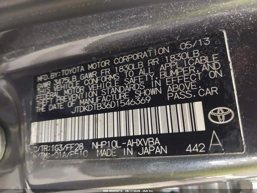 2013 Toyota Prius c VIN JTDKDTB36D1546369 IAAI salvage auction — REAR END, Salvage (North Carolina), sold $775 on 2026-07-30 (photo 9)