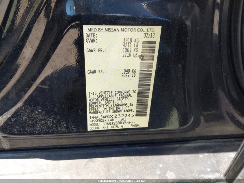 2013 Nissan Altima VIN 1N4AL3AP0DC232245 IAAI salvage auction — NORMAL WEAR, Salvage (California), sold $400 on 2026-07-09 (photo 9)