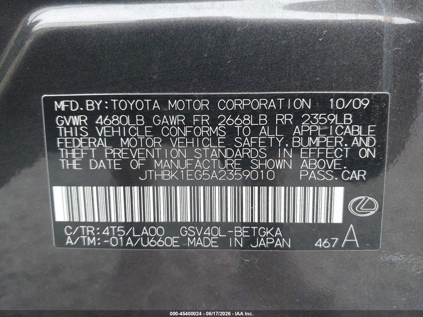 2010 Lexus ES VIN JTHBK1EG5A2359010 IAAI salvage auction — FRONT END, Bill Of Sale (Washington), sold $2,550 on 2026-07-08 (photo 9)