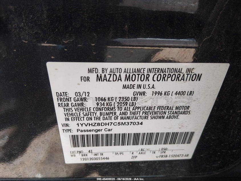 2012 Mazda 6 VIN 1YVHZ8DH7C5M37034 IAAI salvage auction — FRONT & REAR, Salvage (Texas), sold $300 on 2026-07-22 (photo 9)