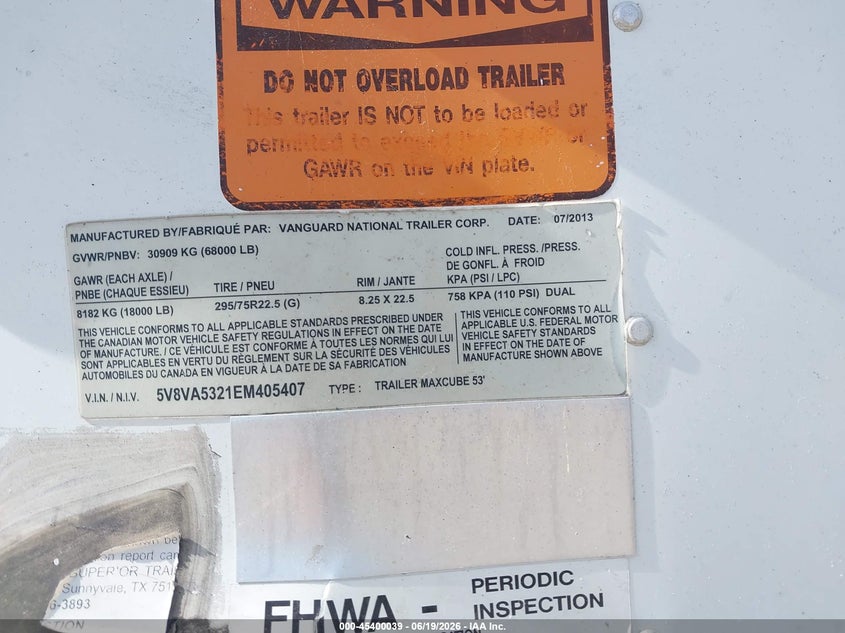 2014 Vanguard national trailer Unknown VIN 5V8VA5321EM405407 IAAI salvage auction — SIDE, Salvage (Texas), sold $375 on 2026-07-15 (photo 9)