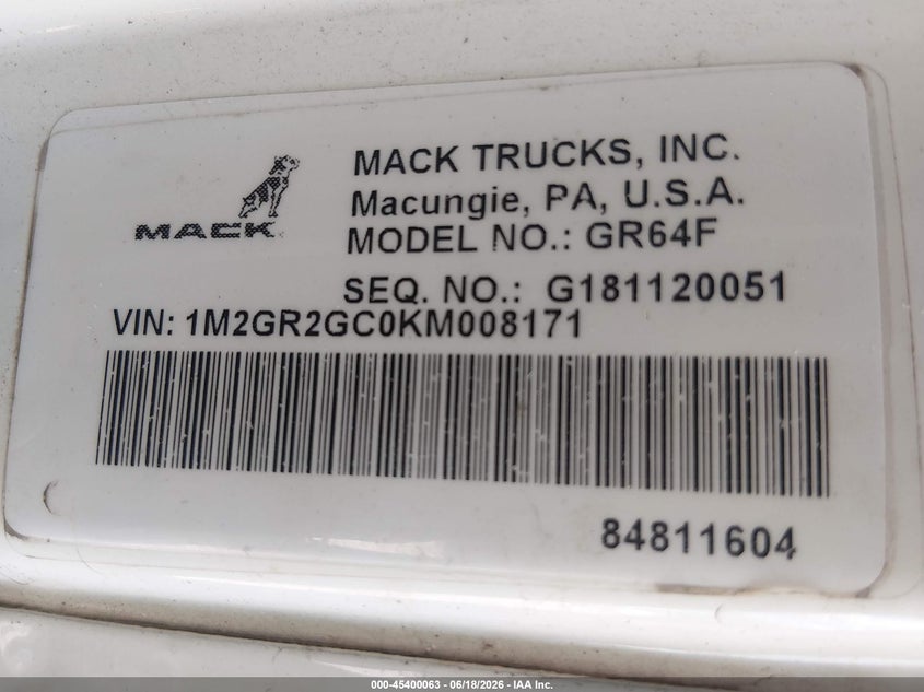 2019 Mack Granite VIN 1M2GR2GC0KM008171 IAAI salvage auction — FRONT END, Rebuildable (Florida), sold $18,700 on 2026-07-29 (photo 8)
