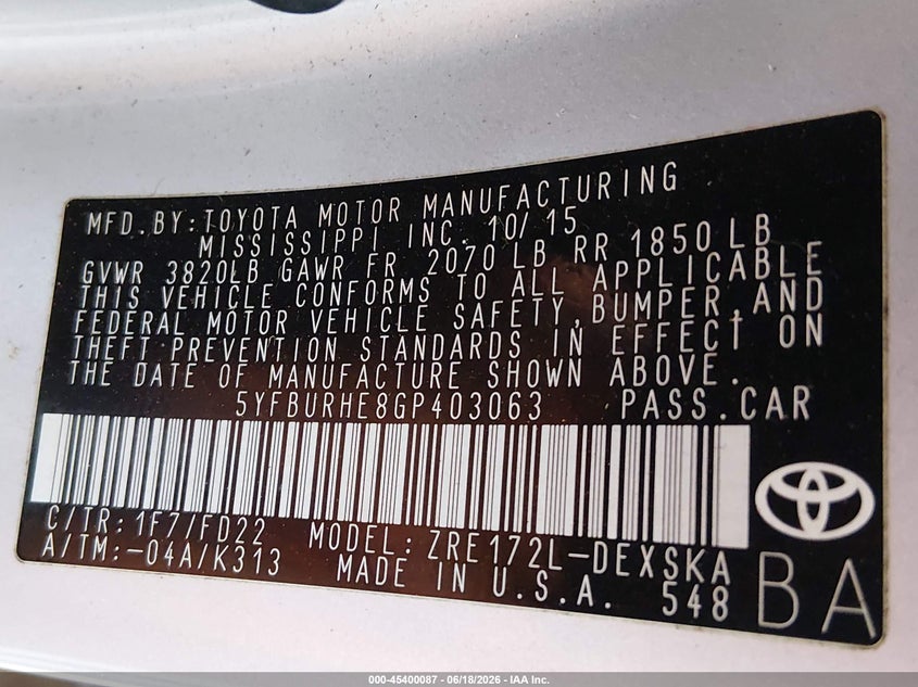 2016 Toyota Corolla VIN 5YFBURHE8GP403063 IAAI salvage auction — FRONT END, Salvage (Louisiana), sold $2,100 on 2026-07-27 (photo 9)