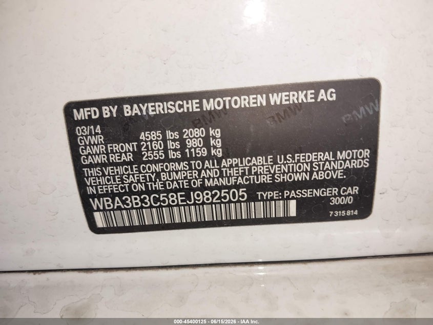 2014 BMW VIN WBA3B3C58EJ982505 IAAI salvage auction — FRONT END, Salvage (Arizona), sold $1,575 on 2026-07-21 (photo 9)