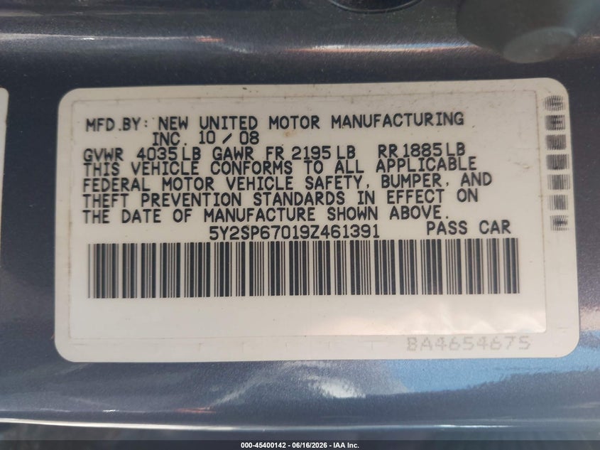 2009 Pontiac Vibe VIN 5Y2SP67019Z461391 IAAI salvage auction — NORMAL WEAR, Original (Ohio), sold $575 on 2026-07-09 (photo 9)