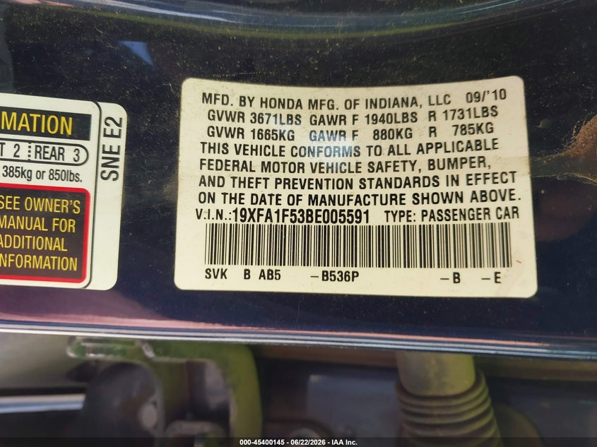 2011 Honda Civic VIN 19XFA1F53BE005591 IAAI salvage auction — LEFT REAR, Original (Texas), sold $850 on 2026-07-10 (photo 9)