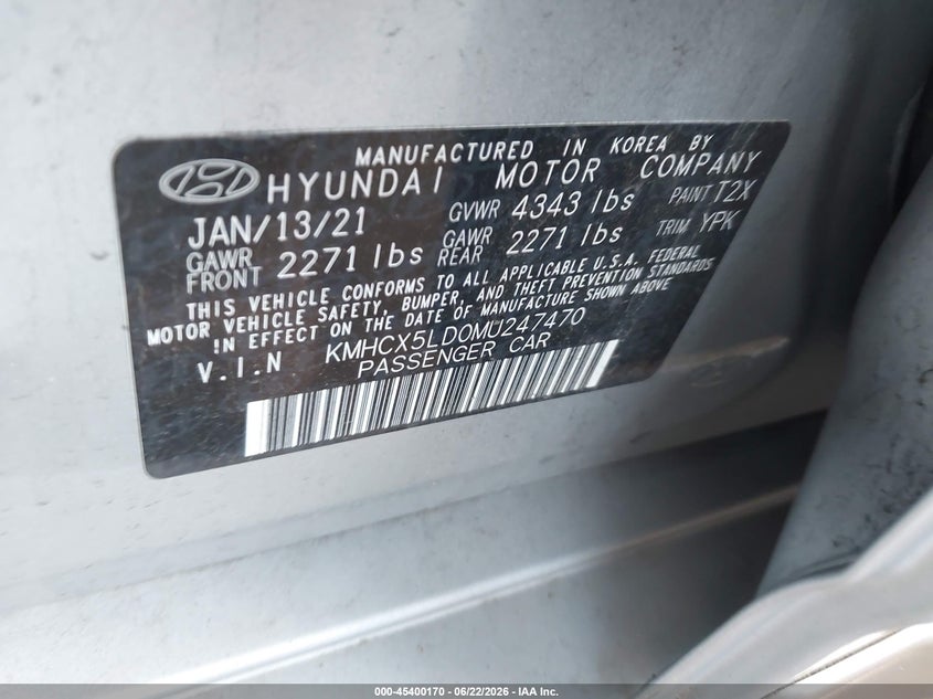 2021 Hyundai Ioniq VIN KMHCX5LD0MU247470 IAAI salvage auction — REAR END, Salvage Title, sold $6,900 on 2026-07-21 (photo 9)