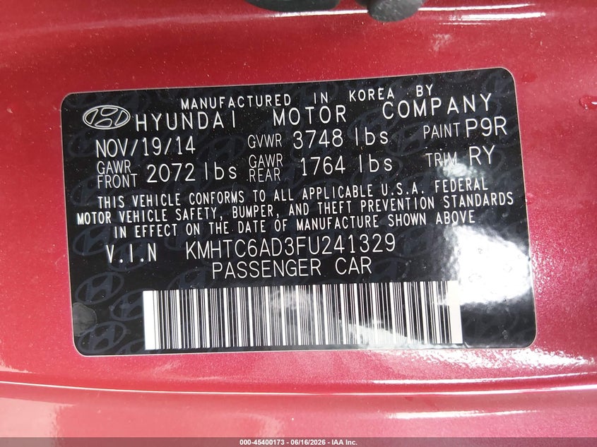 2015 Hyundai Veloster VIN KMHTC6AD3FU241329 IAAI salvage auction — LEFT FRONT, Salvage (California), sold $1,050 on 2026-07-13 (photo 9)