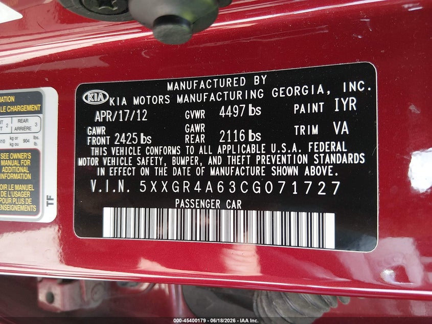 2012 Kia Optima VIN 5XXGR4A63CG071727 IAAI salvage auction — UNDERCARRIAGE, Salvage Title, sold $600 on 2026-07-22 (photo 9)