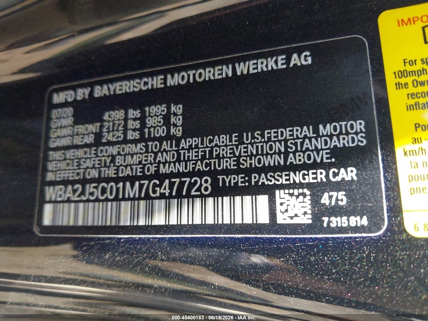 2021 BMW 2er VIN WBA2J5C01M7G47728 IAAI salvage auction — FRONT & REAR, Salvage (Massachusetts), sold $4,150 on 2026-08-14 (photo 9)
