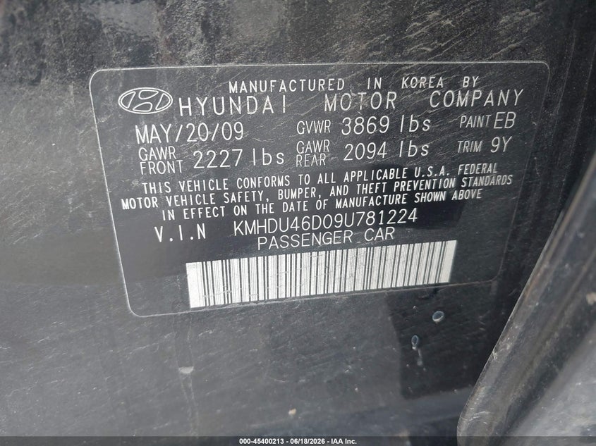 2009 Hyundai Elantra VIN KMHDU46D09U781224 IAAI salvage auction — REAR END, Salvage (Indiana), sold $200 on 2026-07-16 (photo 9)