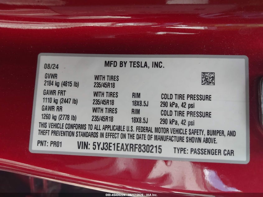 2024 Tesla Model 3 VIN 5YJ3E1EAXRF830215 IAAI salvage auction — LEFT SIDE, Salvage (Georgia), sold $7,500 on 2026-08-02 (photo 9)
