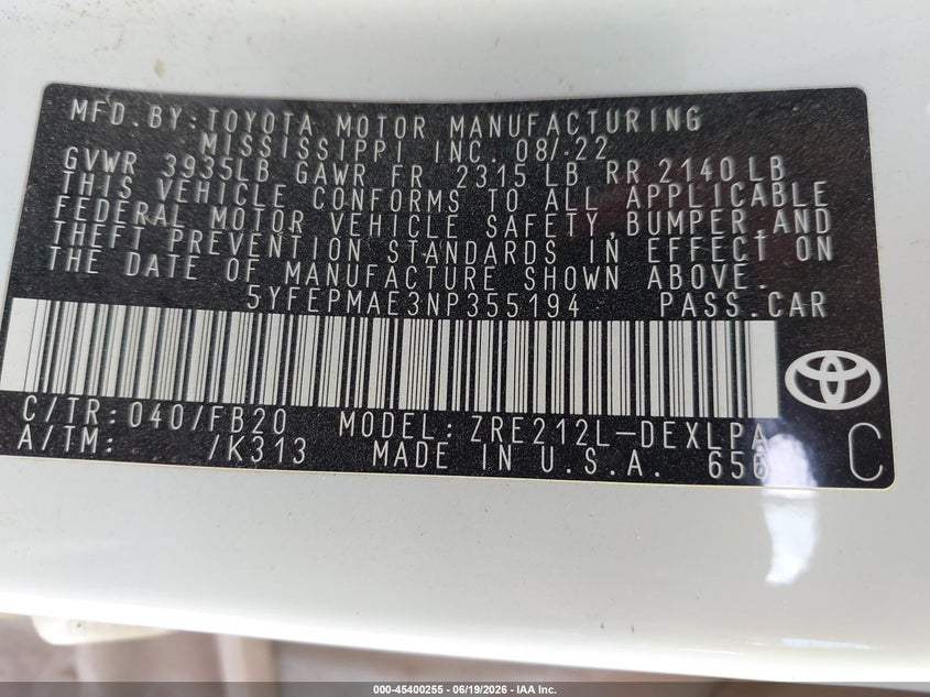 2022 Toyota Corolla VIN 5YFEPMAE3NP355194 IAAI salvage auction — REAR END, Salvage (Tennessee), sold $4,375 on 2026-07-15 (photo 9)