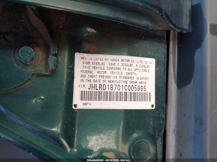 2001 Honda Cr-v VIN JHLRD18701C005995 IAAI salvage auction — ALL OVER, Original (Texas), sold $100 on 2026-07-13 (photo 9)