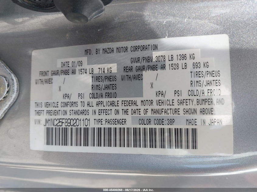 2009 Mazda Mx-5 miata VIN JM1NC25F890201101 IAAI salvage auction — NORMAL WEAR, Original (Texas), sold $1,625 on 2026-07-15 (photo 9)