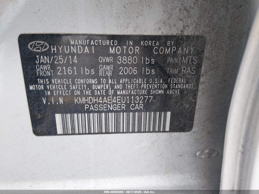 2014 Hyundai Elantra VIN KMHDH4AE4EU113277 IAAI salvage auction — THEFT, Salvage (South Carolina), sold $25 on 2026-07-22 (photo 9)
