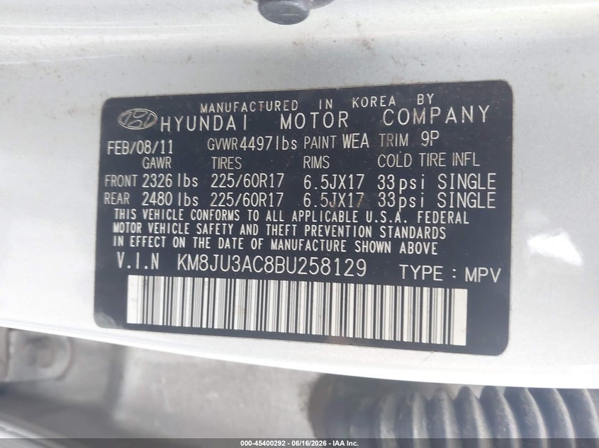2011 Hyundai Tucson VIN KM8JU3AC8BU258129 IAAI salvage auction — FRONT END, Salvage (Georgia), sold $1,100 on 2026-07-21 (photo 9)
