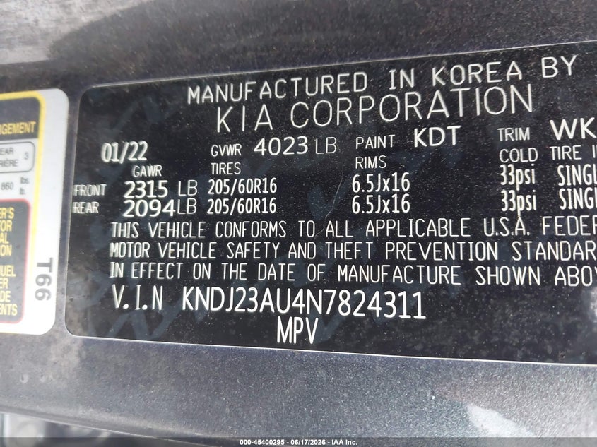 2022 Kia Soul VIN KNDJ23AU4N7824311 IAAI salvage auction — FRONT & REAR, Salvage (Mississippi), sold $2,250 on 2026-07-24 (photo 9)