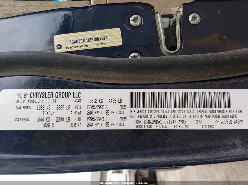 2014 Jeep Liberty (patriot) VIN 1C4NJPBAXED801147 IAAI salvage auction — NORMAL WEAR, Clear (Oregon), sold $275 on 2026-07-31 (photo 9)