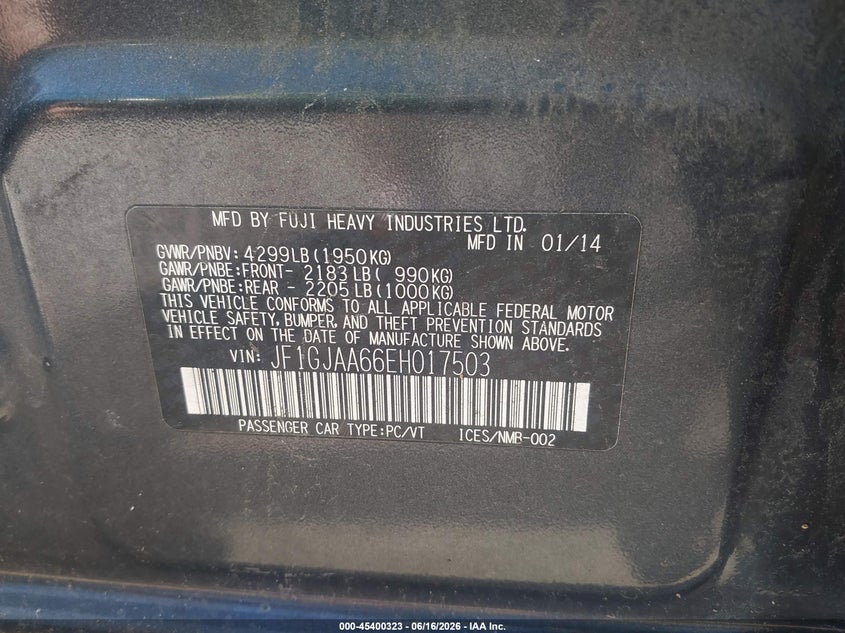 2014 Subaru Impreza VIN JF1GJAA66EH017503 IAAI salvage auction — NORMAL WEAR, Clear (Maryland), sold $450 on 2026-07-21 (photo 9)