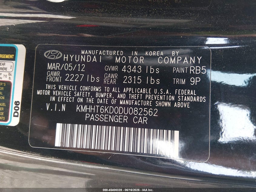 2013 Hyundai Genesis VIN KMHHT6KD0DU082562 IAAI salvage auction — ENGINE DAMAGE, Clear (Virginia), sold $575 on 2026-07-31 (photo 9)