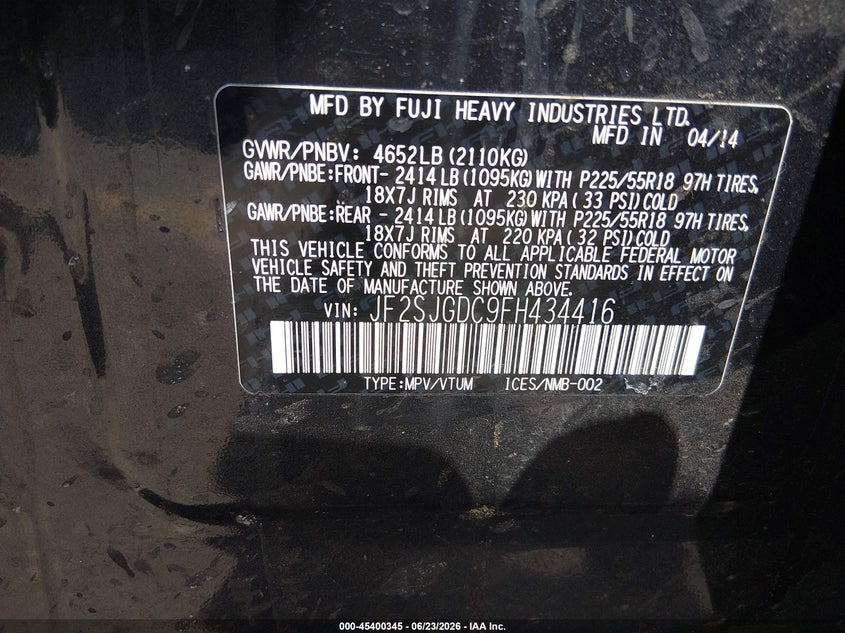 2015 Subaru Forester VIN JF2SJGDC9FH434416 IAAI salvage auction — FRONT END, Salvage (Colorado), sold $1,350 on 2026-07-31 (photo 9)