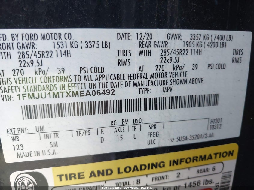 2021 Ford Expedition VIN 1FMJU1MTXMEA06492 IAAI salvage auction — LEFT FRONT, Salvage Title, sold $11,600 on 2026-07-27 (photo 9)