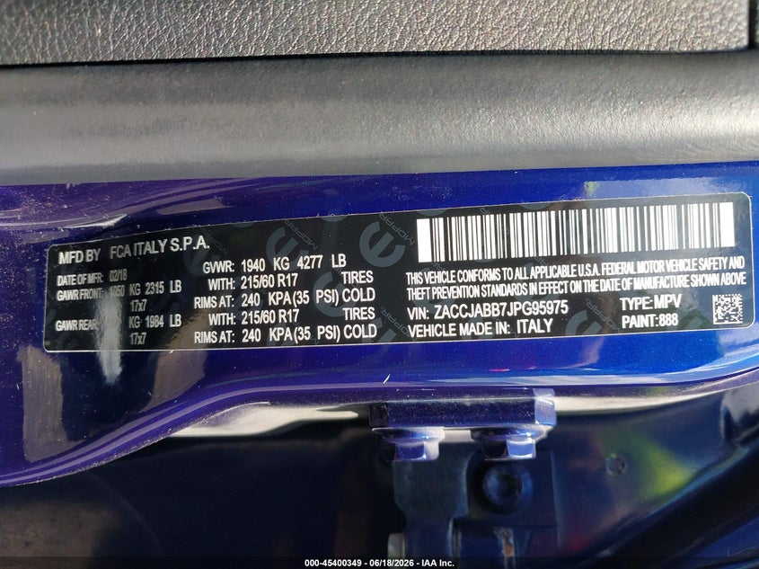 2018 Jeep Renegade VIN ZACCJABB7JPG95975 IAAI salvage auction — FRONT END, Salvage (Illinois), sold $1,000 on 2026-07-21 (photo 9)
