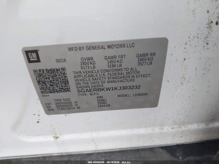 2019 Buick Enclave VIN 5GAERBKW1KJ303232 IAAI salvage auction — UNKNOWN, Salvage (Texas), sold $2,150 on 2026-07-12 (photo 9)