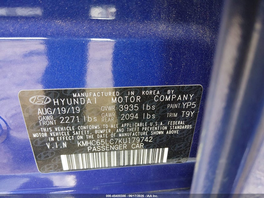 2019 Hyundai Ioniq VIN KMHC65LC7KU179742 IAAI salvage auction — FRONT & REAR, Salvage (North Carolina), sold $1,275 on 2026-07-27 (photo 9)