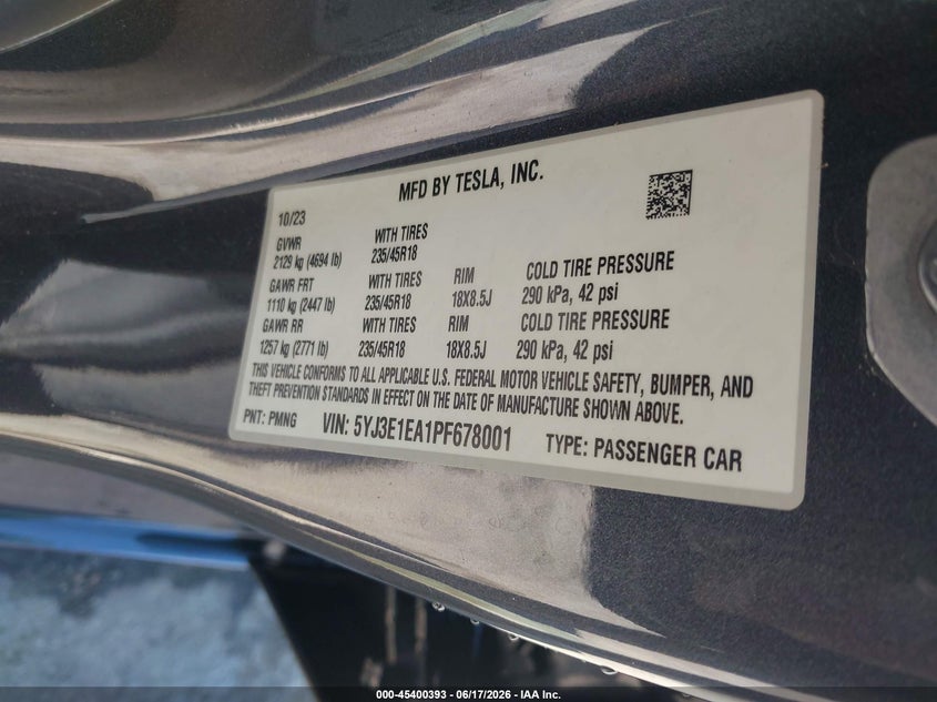2023 Tesla Model 3 VIN 5YJ3E1EA1PF678001 IAAI salvage auction — FRONT END, Salvage (Virginia), sold $9,200 on 2026-07-10 (photo 9)
