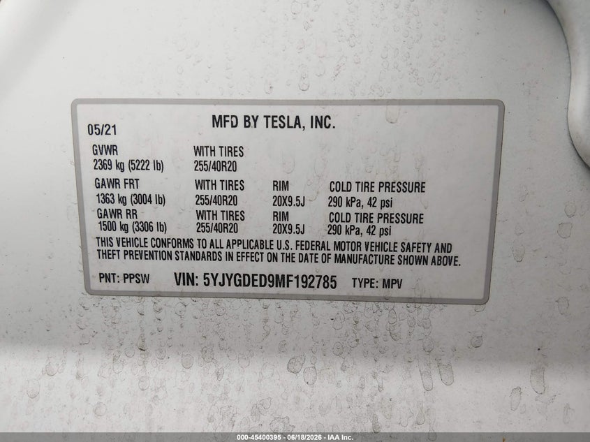 2021 Tesla Model y VIN 5YJYGDED9MF192785 IAAI salvage auction — UNKNOWN, Clear (Texas), sold $12,000 on 2026-07-08 (photo 9)