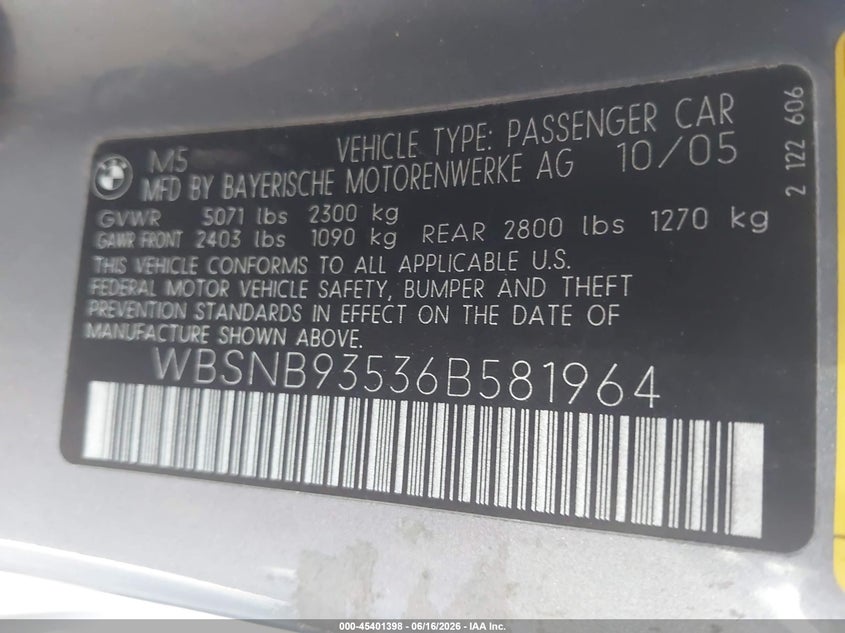 2006 BMW M5 VIN WBSNB93536B581964 IAAI salvage auction — NORMAL WEAR, Original (Texas), sold $8,400 on 2026-07-14 (photo 9)