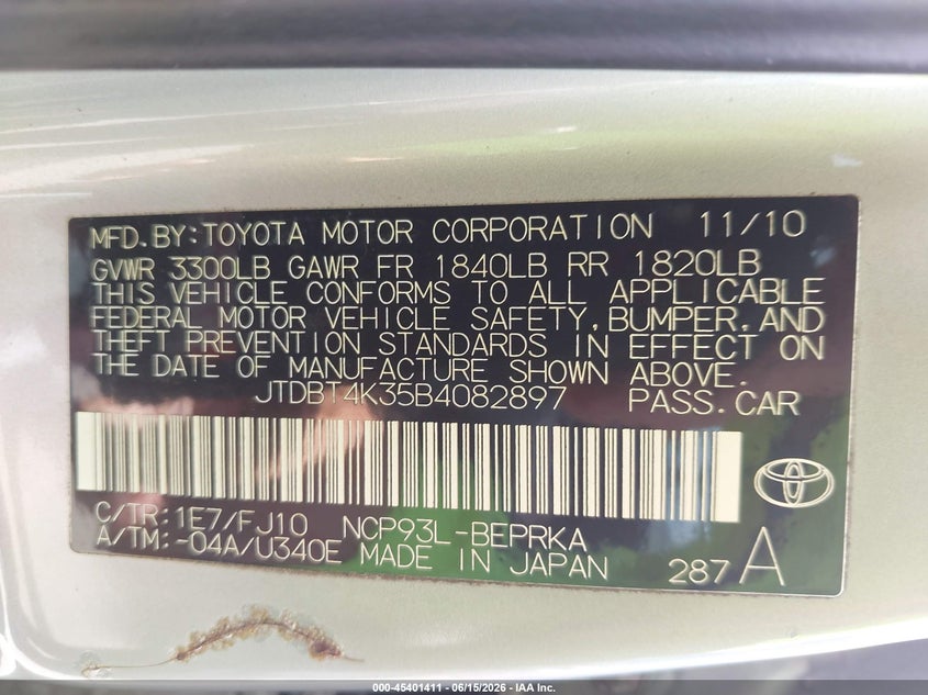 2011 Toyota Yaris VIN JTDBT4K35B4082897 IAAI salvage auction — NORMAL WEAR, Salvage Title (Hawaii), sold $150 on 2026-07-21 (photo 9)
