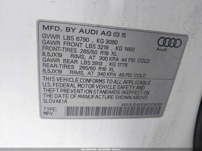 2015 Audi Q7 VIN WA1LGAFE9FD019191 IAAI salvage auction — NORMAL WEAR, Clear (Virginia), sold $650 on 2026-07-28 (photo 9)