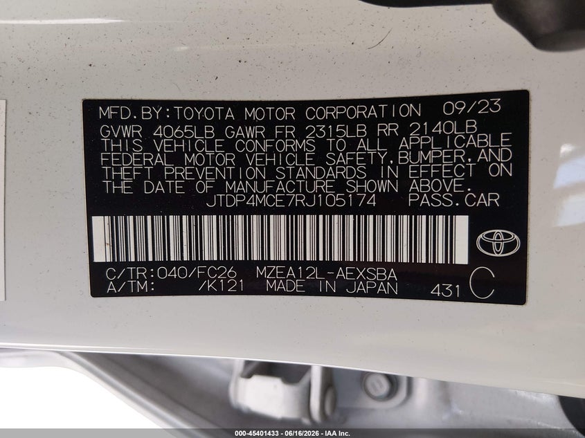 2024 Toyota Corolla VIN JTDP4MCE7RJ105174 IAAI salvage auction — UNDERCARRIAGE, Salvage Title, sold $8,800 on 2026-07-29 (photo 9)
