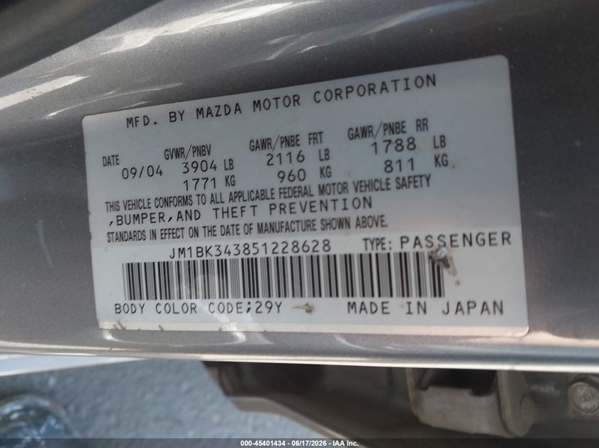 2005 Mazda 3 VIN JM1BK343851228628 IAAI salvage auction — NORMAL WEAR, Peddle Clear Public-Restricted (Oregon), sold $200 on 2026-07-28 (photo 9)