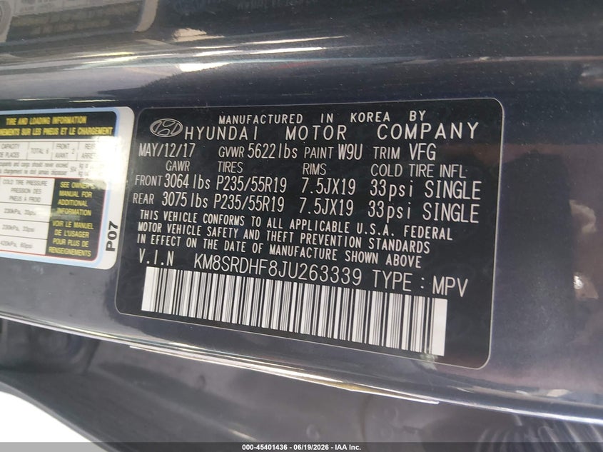 2018 Hyundai Santa fe VIN KM8SRDHF8JU263339 IAAI salvage auction — BIO HAZARD, Bill Of Sale (Colorado), sold $1,850 on 2026-07-21 (photo 9)