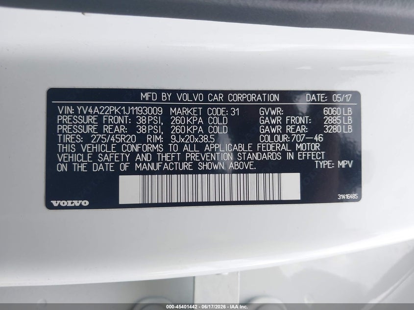 2018 Volvo Xc90 VIN YV4A22PK1J1193009 IAAI salvage auction — REAR END, Bill Of Sale (Washington), sold $10,025 on 2026-07-14 (photo 9)