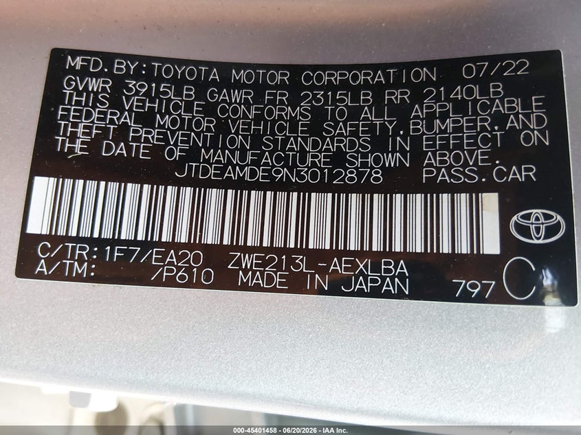 2022 Toyota Corolla VIN JTDEAMDE9N3012878 IAAI salvage auction — REAR END, Salvage Title, sold $6,000 on 2026-07-26 (photo 9)