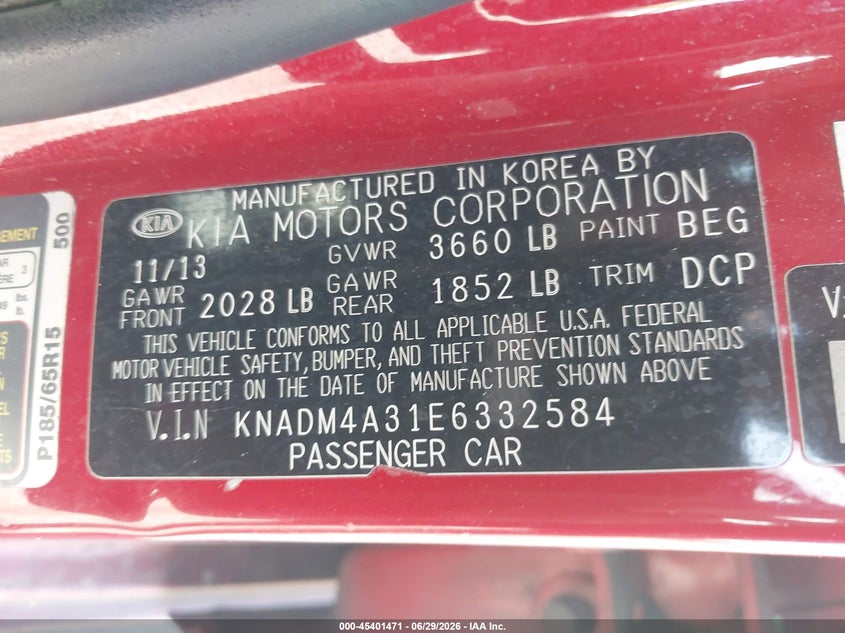 2014 Kia Rio VIN KNADM4A31E6332584 IAAI salvage auction — NORMAL WEAR, Clear-Dealer Only (Texas), sold $25 on 2026-07-29 (photo 9)