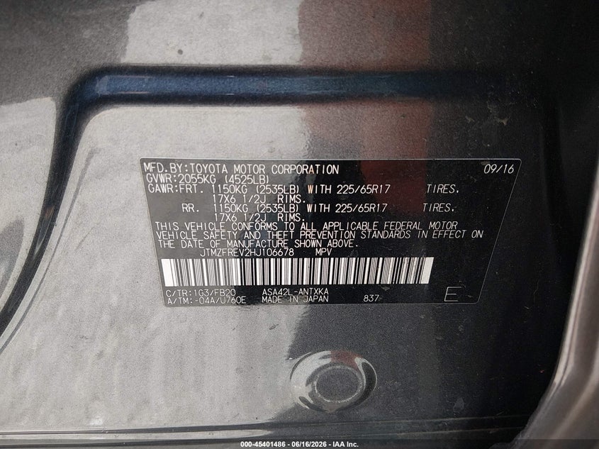 2017 Toyota Rav 4 VIN JTMZFREV2HJ106678 IAAI salvage auction — FRONT & REAR, Rebuildable (Florida), sold $4,800 on 2026-07-29 (photo 9)