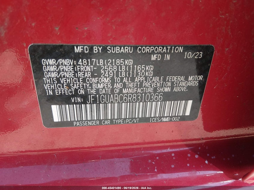 2024 Subaru Impreza VIN JF1GUABC6R8310366 IAAI salvage auction — HAIL, Salvage (Ohio), sold $10,400 on 2026-07-07 (photo 9)
