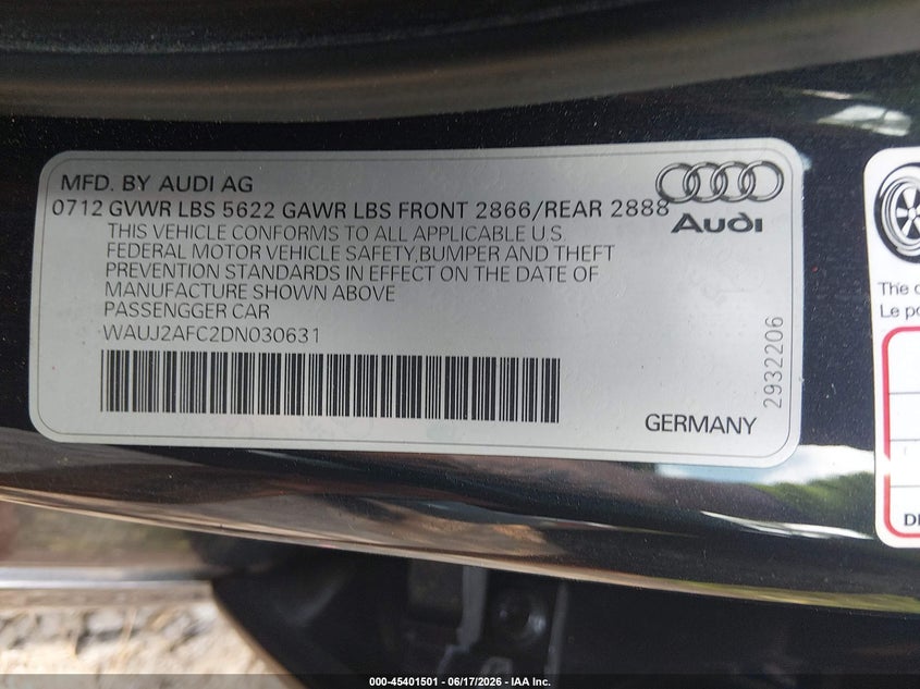 2013 Audi S6 VIN WAUJ2AFC2DN030631 IAAI salvage auction — NORMAL WEAR, Clear (Virginia), sold $4,325 on 2026-07-28 (photo 9)