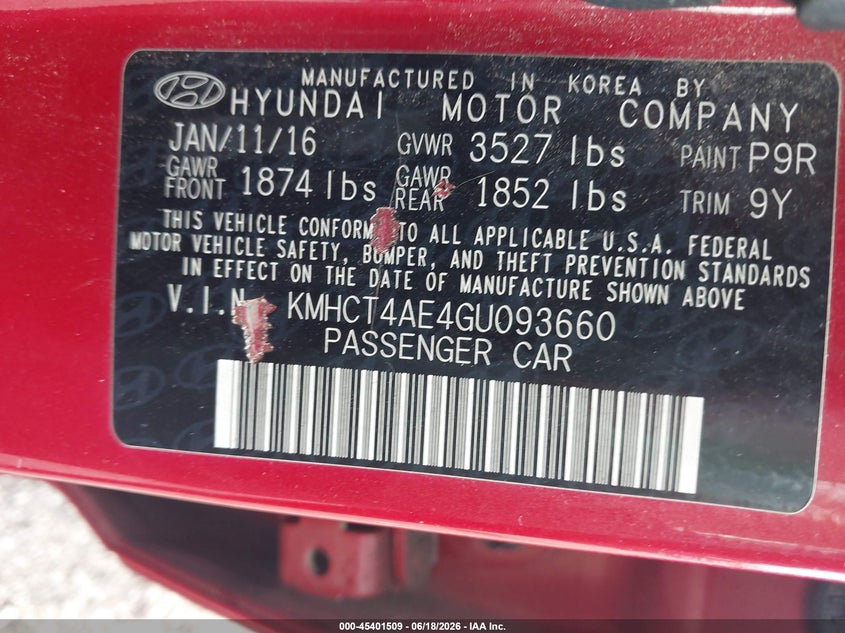 2016 Hyundai Accent VIN KMHCT4AE4GU093660 IAAI salvage auction — REAR END, Salvage (South Carolina), sold $725 on 2026-07-22 (photo 9)
