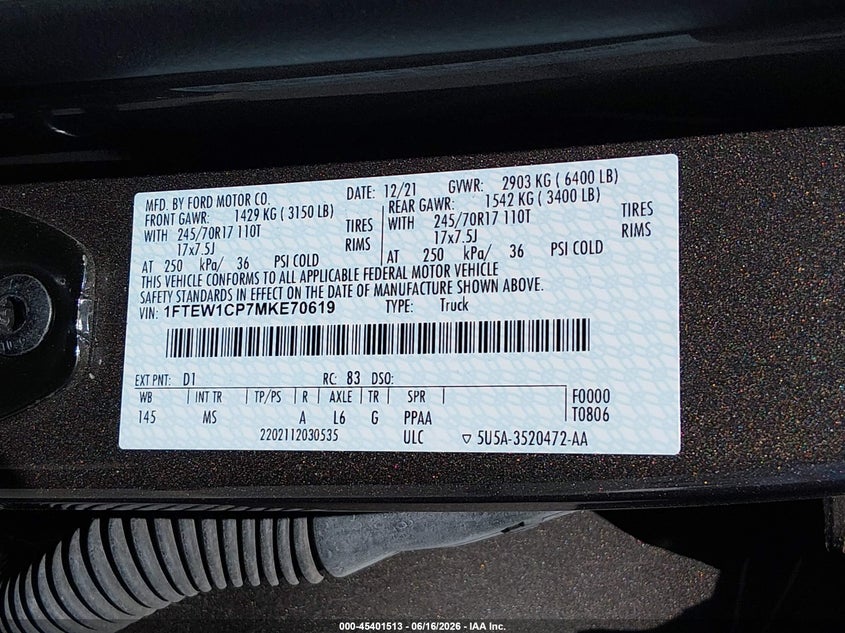 2021 Ford F-150 VIN 1FTEW1CP7MKE70619 IAAI salvage auction — LEFT FRONT, Sf97 (California), sold $18,700 on 2026-07-28 (photo 9)